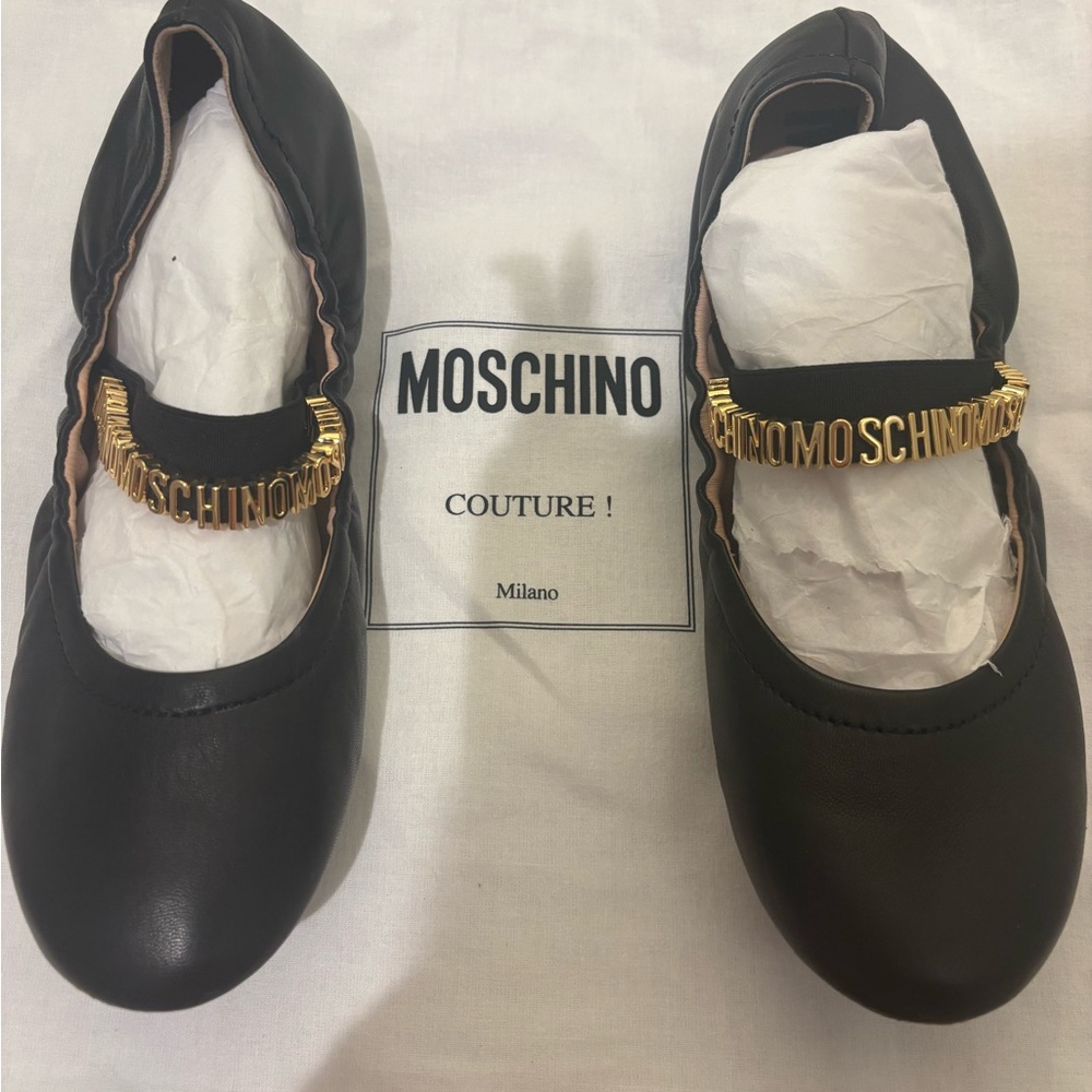 Moschino Black Ballet Flats with Gold Logo